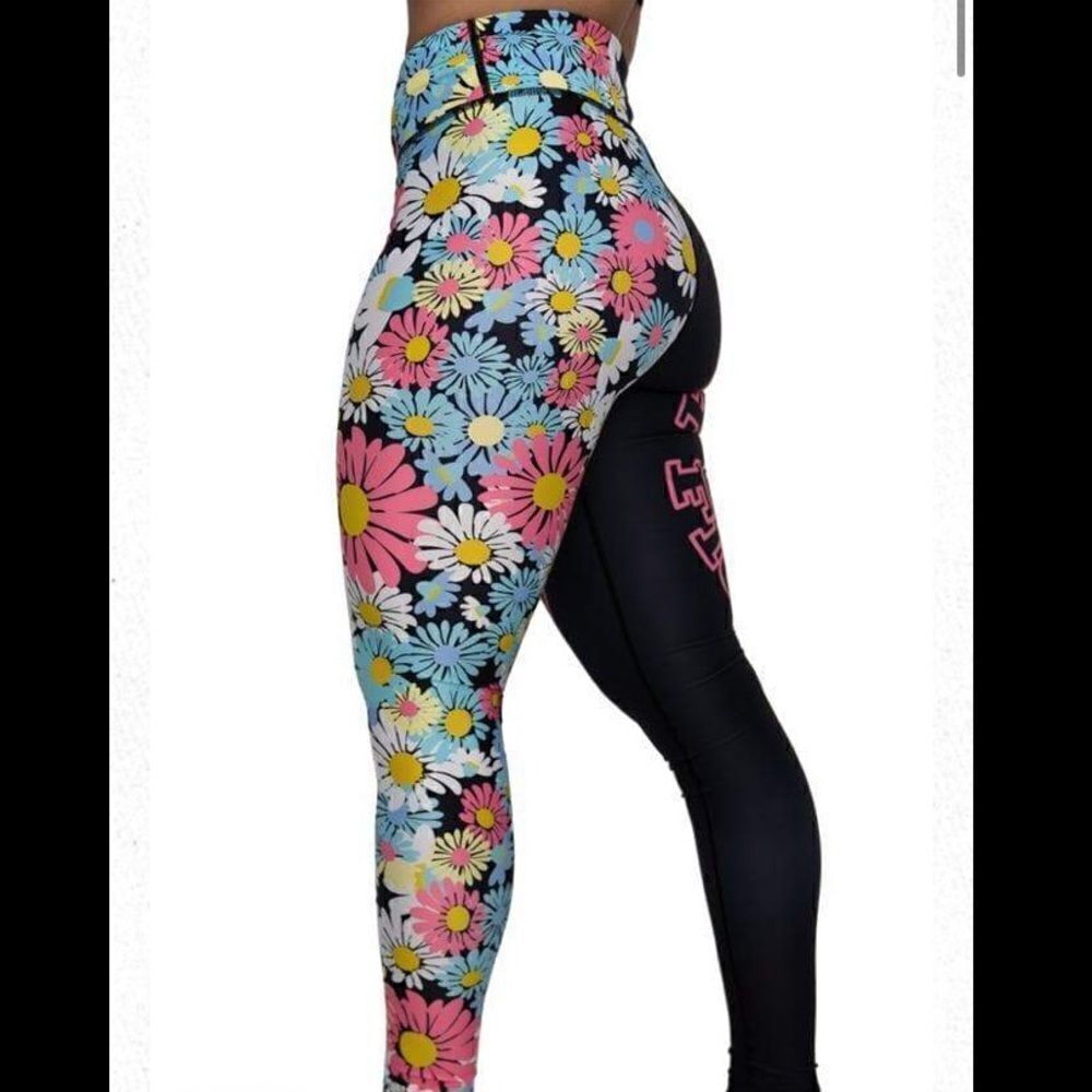 Feed Me Fight Me Floral Split-Panel Leggings in Black, Pink, Blue, Yellow